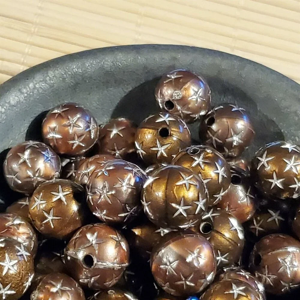10 Vintage Retro Brown Silver Stars 12mm Round Acrylic Shabby Chic Beads